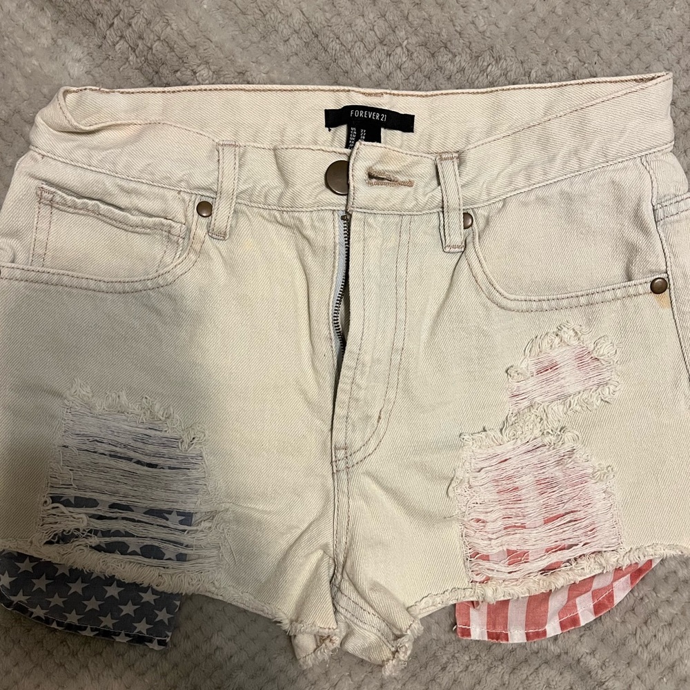 Forever21 American Flag Designed Pocket Lining Light Bleached Wash Jean Shorts